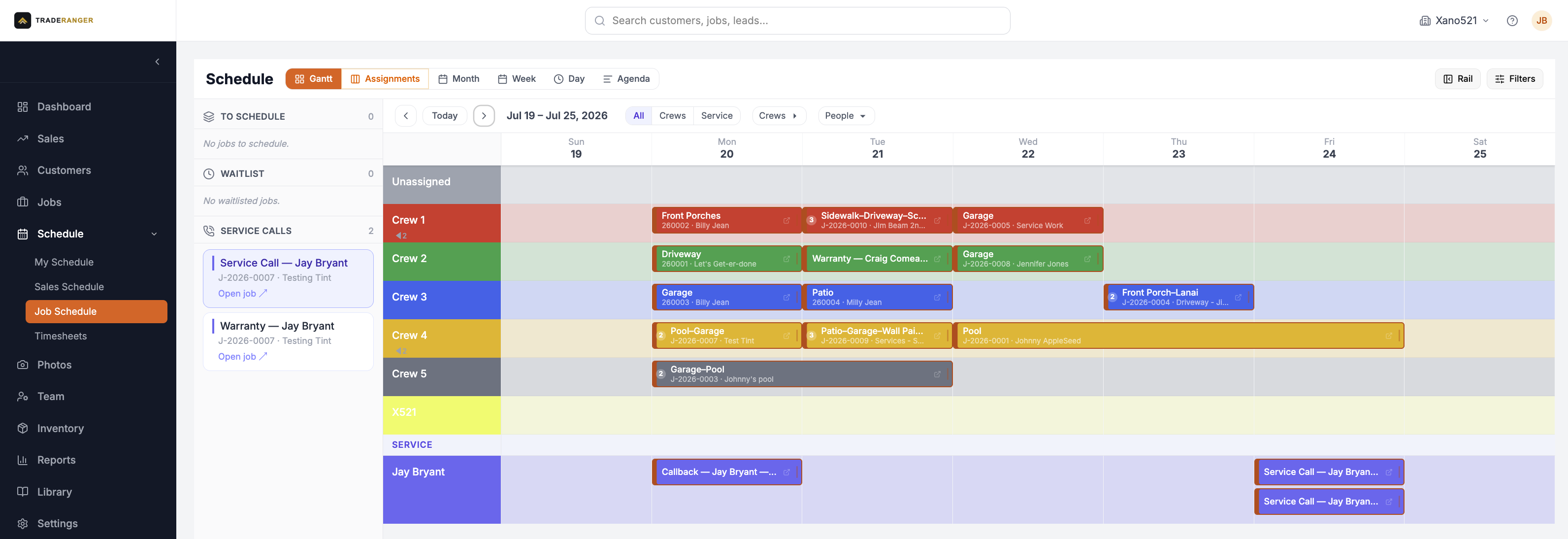 TradeRanger crew scheduling board